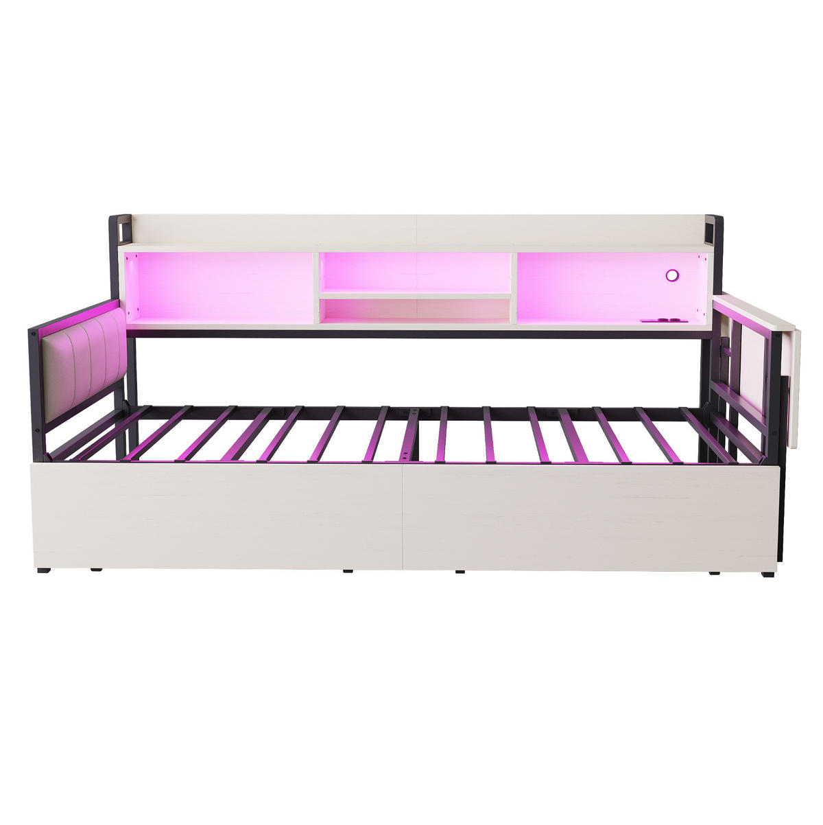 BETT 90/200 cm in Weiß mit LED-Beleuchtung, Schreibtisch und Stauraum - Weiß, Metall (90/200cm) - Flora Grace