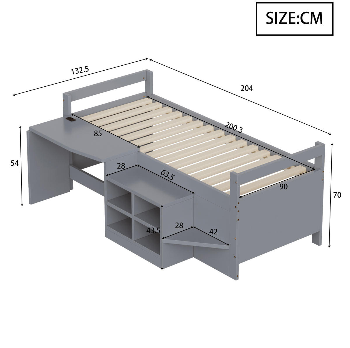 MULTIFUNKTIONSBETT 90/200 cm Grau mit Schreibtisch, Stauraum und Steckdose - Grau, Holz (90/200cm) - MIVRAY
