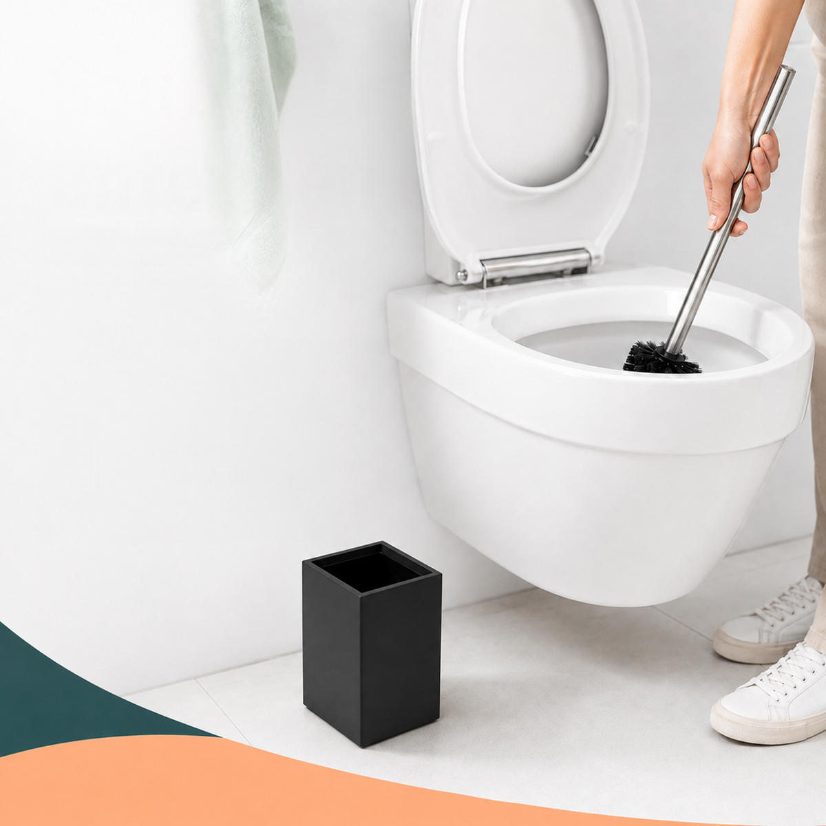 WC-ŠTĚTKA Černá s držákem bambus - černá, kov/dřevo (9.5/37/9.5cm) - Relaxdays