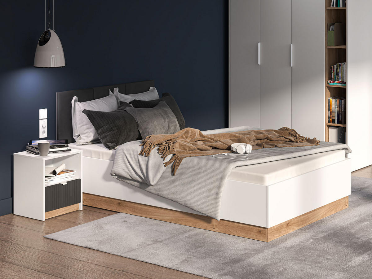 BETT Torino Weiß / Eiche Castello / Graphit 126 / 208 / 90 cm - Weiß, Holz/Holzwerkstoff (90/200cm) - Feldmann-Wohnen