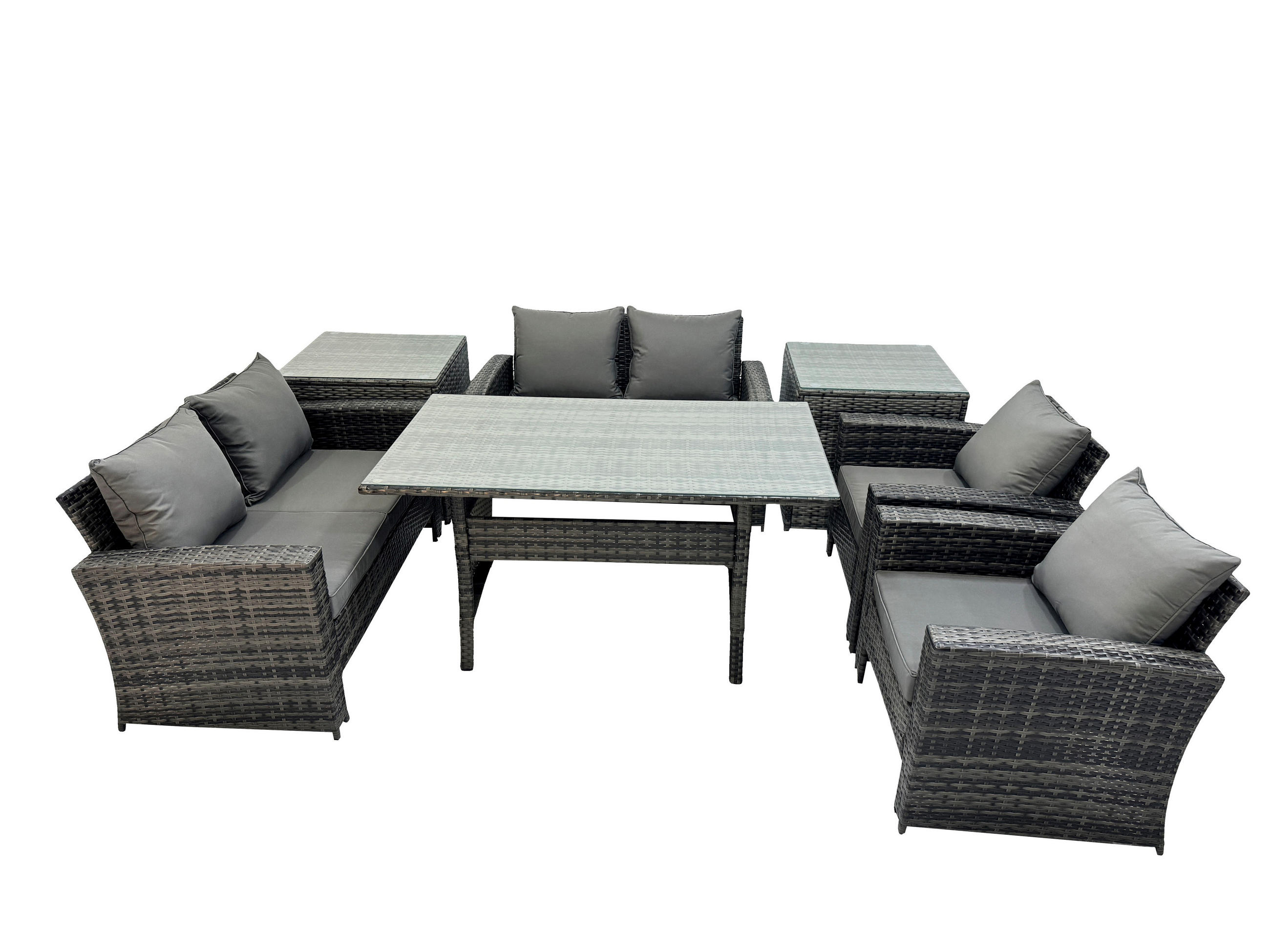 GARTENMÖBELSET mit 2 Sesseln,2 Zweisitzer,Esstisch,2 Beistelltischen Polyrattan Dunkelgrau 6-Sitzer - Dunkelgrau/Grau, Glas/Kunststoff - Fimous