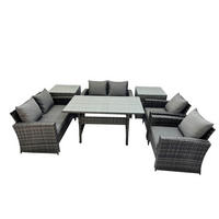 GARTENMÖBELSET mit 2 Sesseln,2 Zweisitzer,Esstisch,2 Beistelltischen Polyrattan Dunkelgrau 6-Sitzer - Dunkelgrau/Grau, Glas/Kunststoff - Fimous