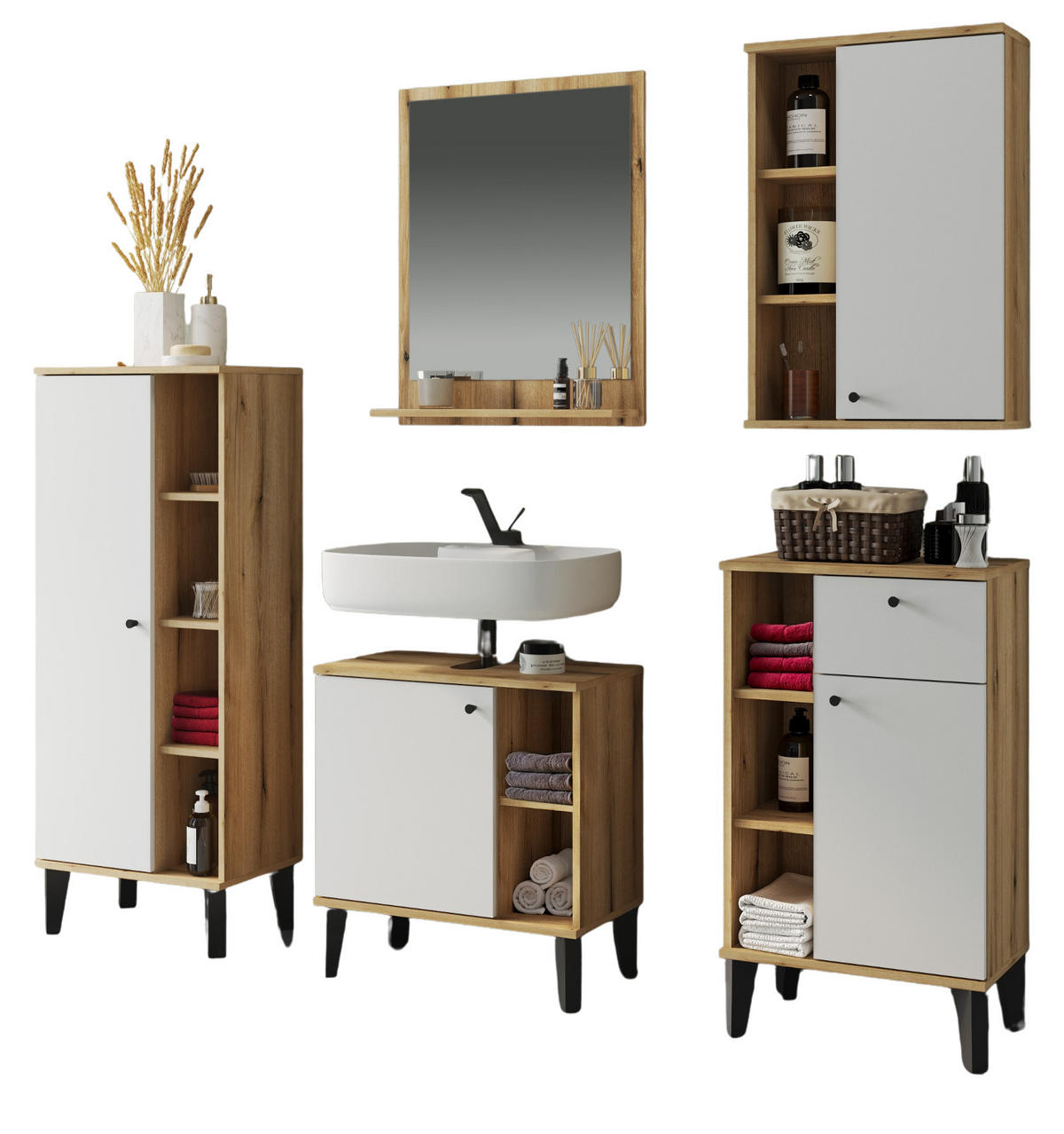 BADMÖBEL-SET 5-teilig weiß, Evoke Eiche, Badkombination, 182 x 190 cm - Eichefarben/Schwarz, Glas/Holzwerkstoff (182/190/33cm) - Furn.Design