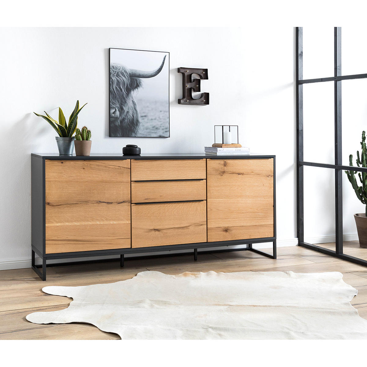 SIDEBOARD - Echtholzfurnier - Eiche / Anthrazit - Braun, Holzwerkstoff/Metall (184/85/40cm) - home24