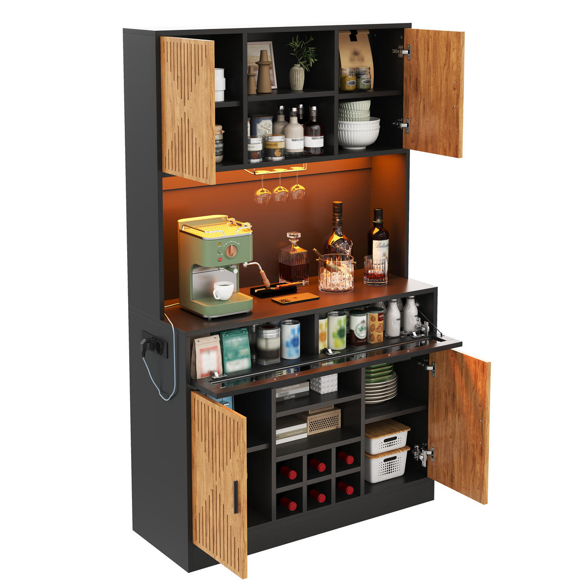KÜCHENSCHRANK Vorratsschrank mit RGB-LED Steckdosen Glas-Klapptür & Weinregal 180cm - Naturfarben, Holzwerkstoff (105/180/40cm) - Urban Meuble