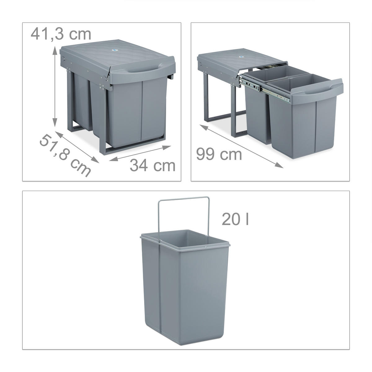 PUBELĂ Gri 20 l culisantă - gri, material plastic/metal (34/41.3/51.8cm) - Relaxdays
