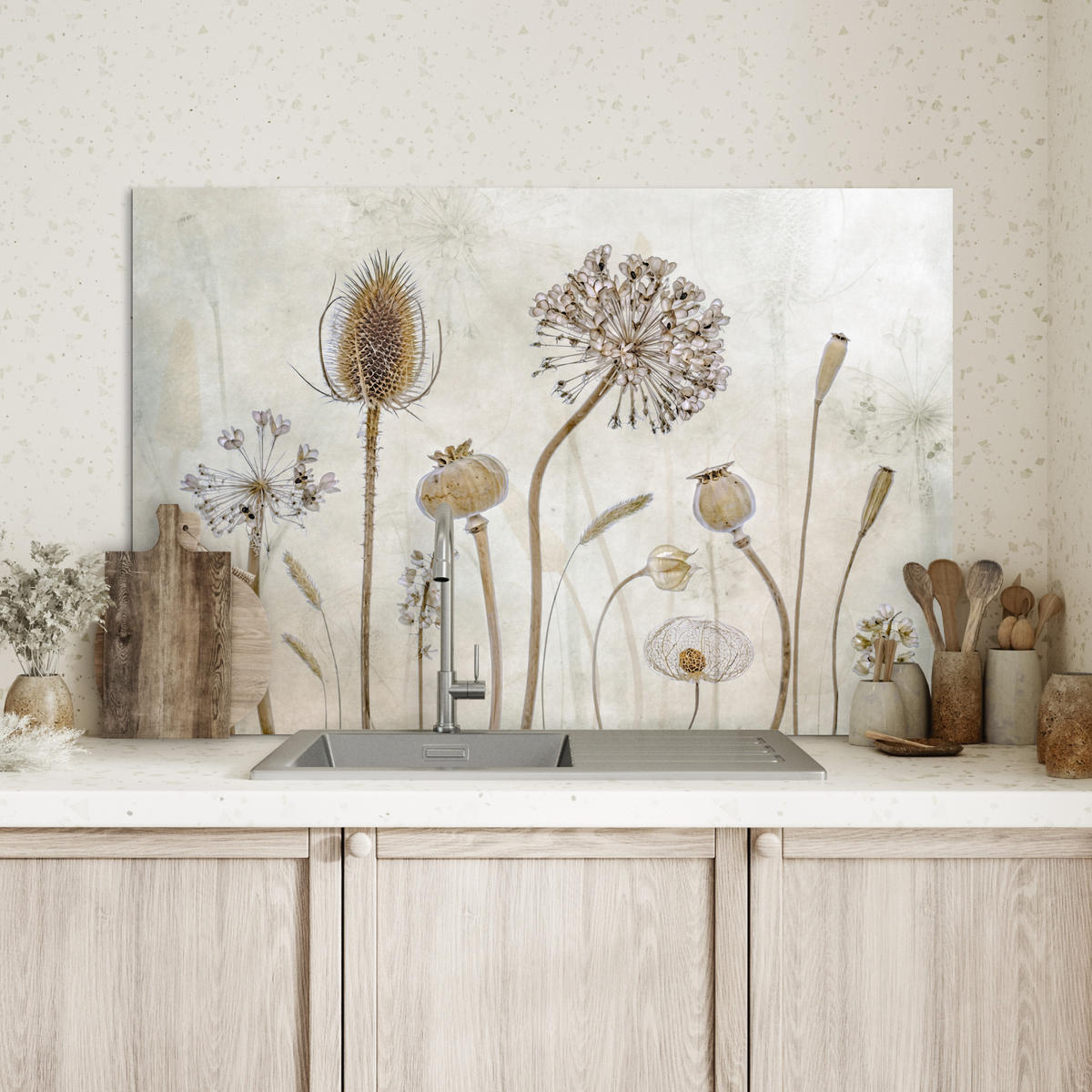 SPRITZSCHUTZ KÜCHE Blumen - Aquarell - Stilleben - Braun - Vintage 80x55 cm - Sandfarben, Metall (80/0.3/55cm) - MuchoWow