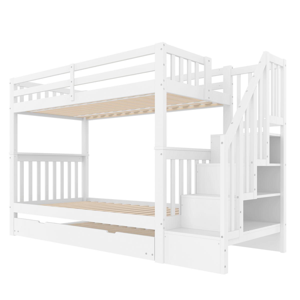 ETAGENBETT 90/200 cm & 90/190 cm in Weiß mit Ausziehbett und Treppenregal - Weiß, Holz (90/200cm) - STILVORA