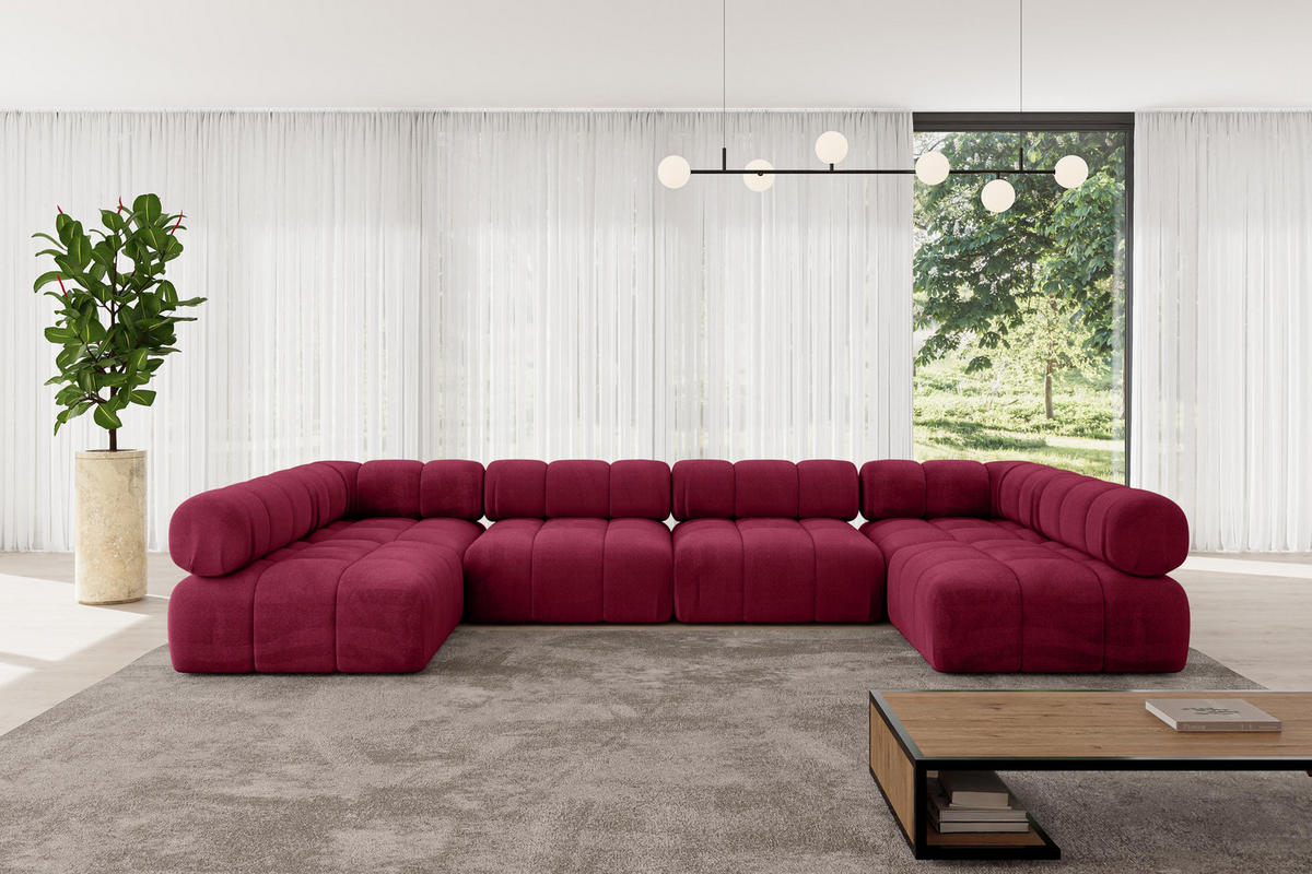 WOHNLANDSCHAFT modulares Sofa Garvo-U2 - 380x190x70 cm Bordeauxrot Velours - Bordeaux, Holzwerkstoff/Textil (380/70/190cm) - ALTDECOR