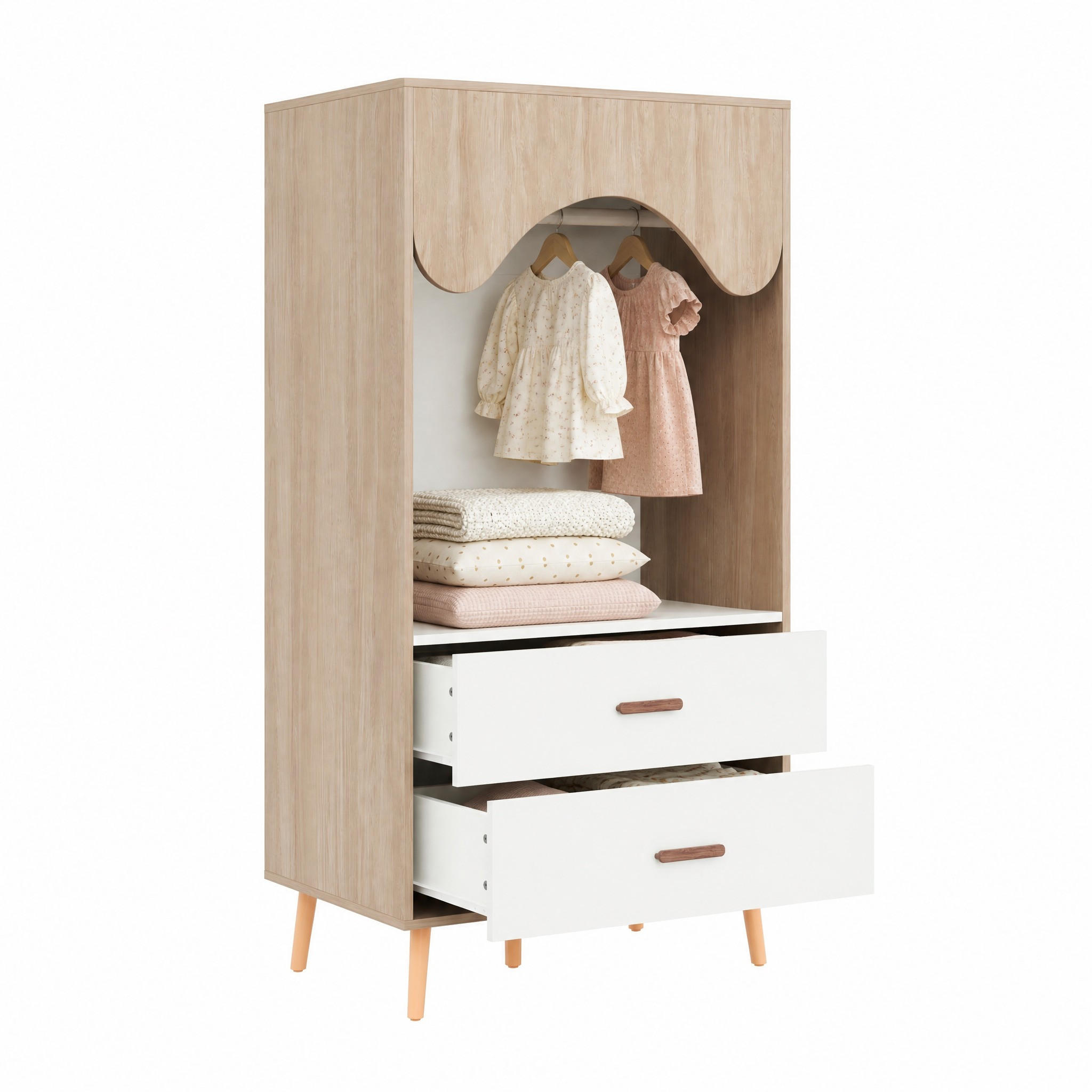 KINDERREGAL in Weiß und Naturfarben Kleiderschrank mit Kleiderstange und Schubladen für Kinderzimmer, B80/T46/H141.5cm - Naturfarben/Weiß, Holz/Holzwerkstoff (80/141.5/46cm) - STILVORA