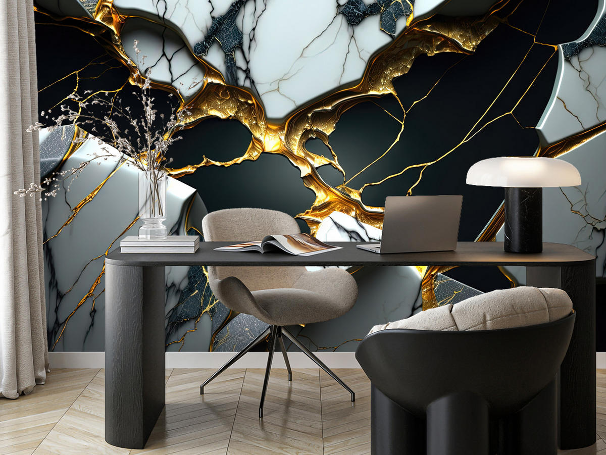 FOTOTAPETE für Wohnzimme Schwarze Weißer Marmor Goldelementen 200x140 - Goldfarben/Schwarz, Papier (200/140cm) - Muralo