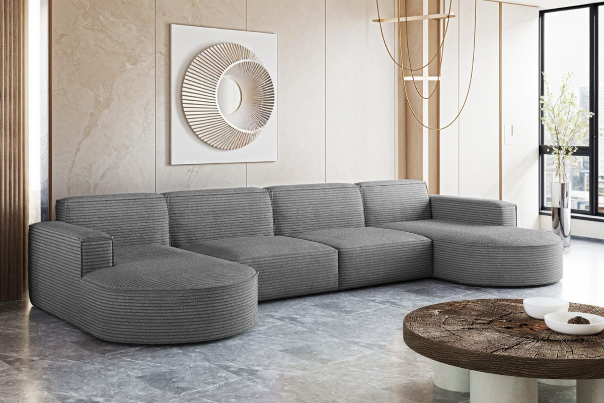 ECKSOFA U-Form XL Designer MODENA stoff Dicker Cord Poso Grau - Grau, Holz (165/382cm) - Kaiser Möbel