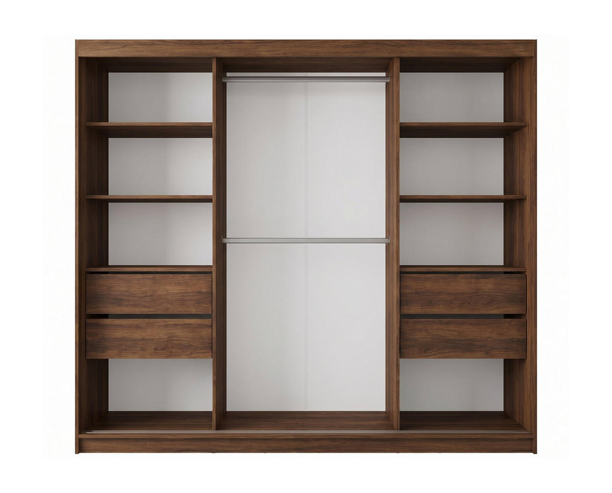 SCHWEBETÜRENSCHRANK LAMELLO 240/216/61 cm Modern Kleiderschrank 3-türig mit Spiegel Nussbaumfarben - Nussbaumfarben, Holzwerkstoff (240/216/61cm) - MASSENO