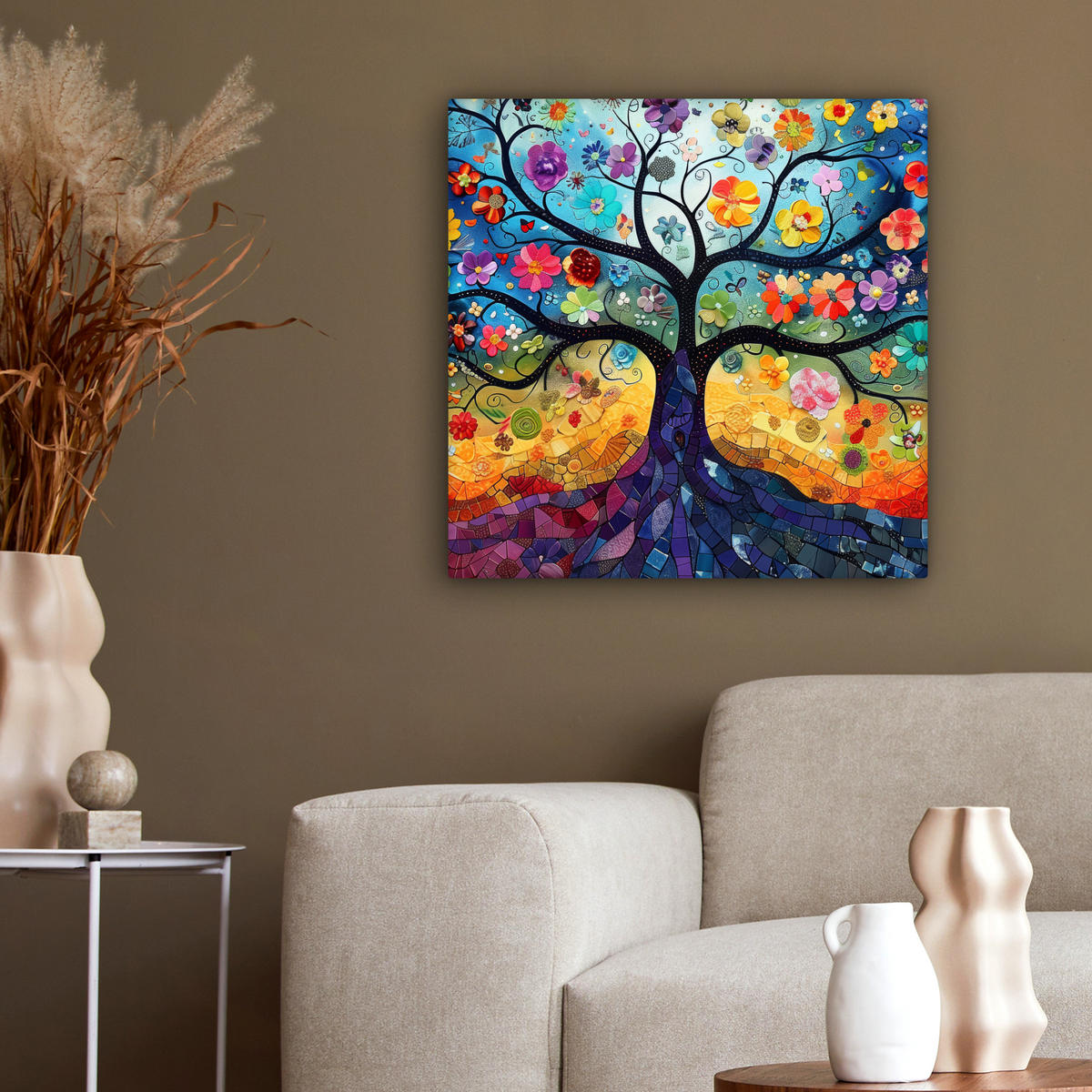 LEINWANDBILD Kunst - Baum des Lebens - Blumen - Hippie 50x50 cm - Dunkelblau, Textil (50/50cm) - MuchoWow