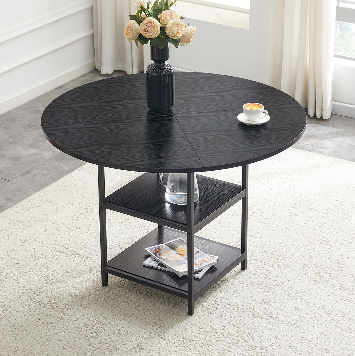 ESSTISCH 107/107/75 cm mit doppelter offener Ablage und Metallgestell in Holzoptik, Schwarz - Schwarz, Holzwerkstoff (107/107/75cm) - Redom