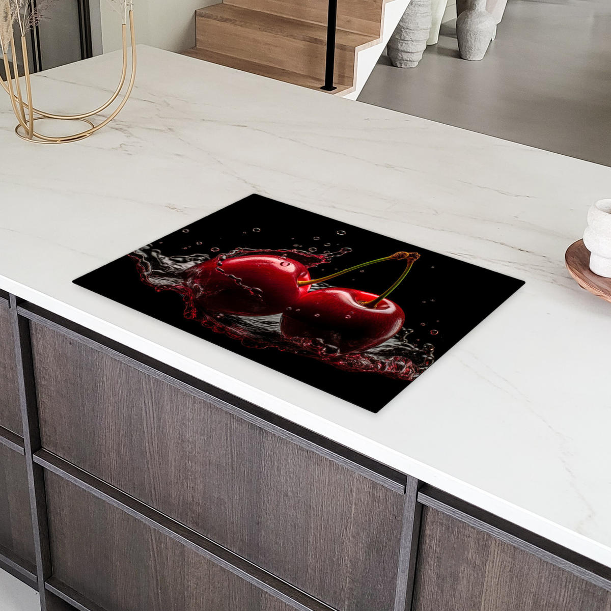 HERDABDECKPLATTE Kirsche - Rot - Frucht - Wasser - Schwarz Herdabdeckung Induktionsfeld 75x52 cm - Kirschrot, Kunststoff (75/52/0.2cm) - MuchoWow