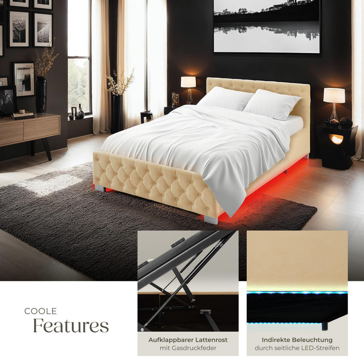 POLSTERBETT Venice,großer Stauraum,beige - Beige, Holz (140/200cm) - tectake