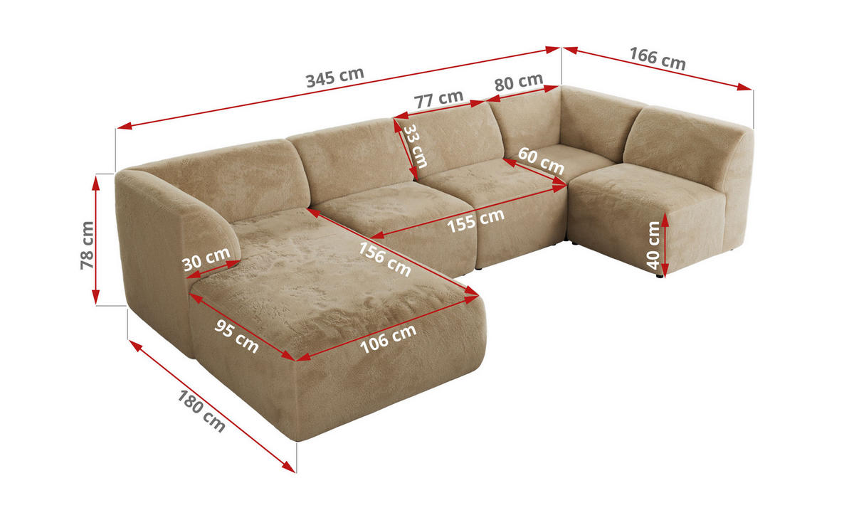 WOHNLANDSCHAFT MODARO U 5M - Beige Plüsch - Links - Beige/Schwarz, Textil (180/78/345cm) - MKS