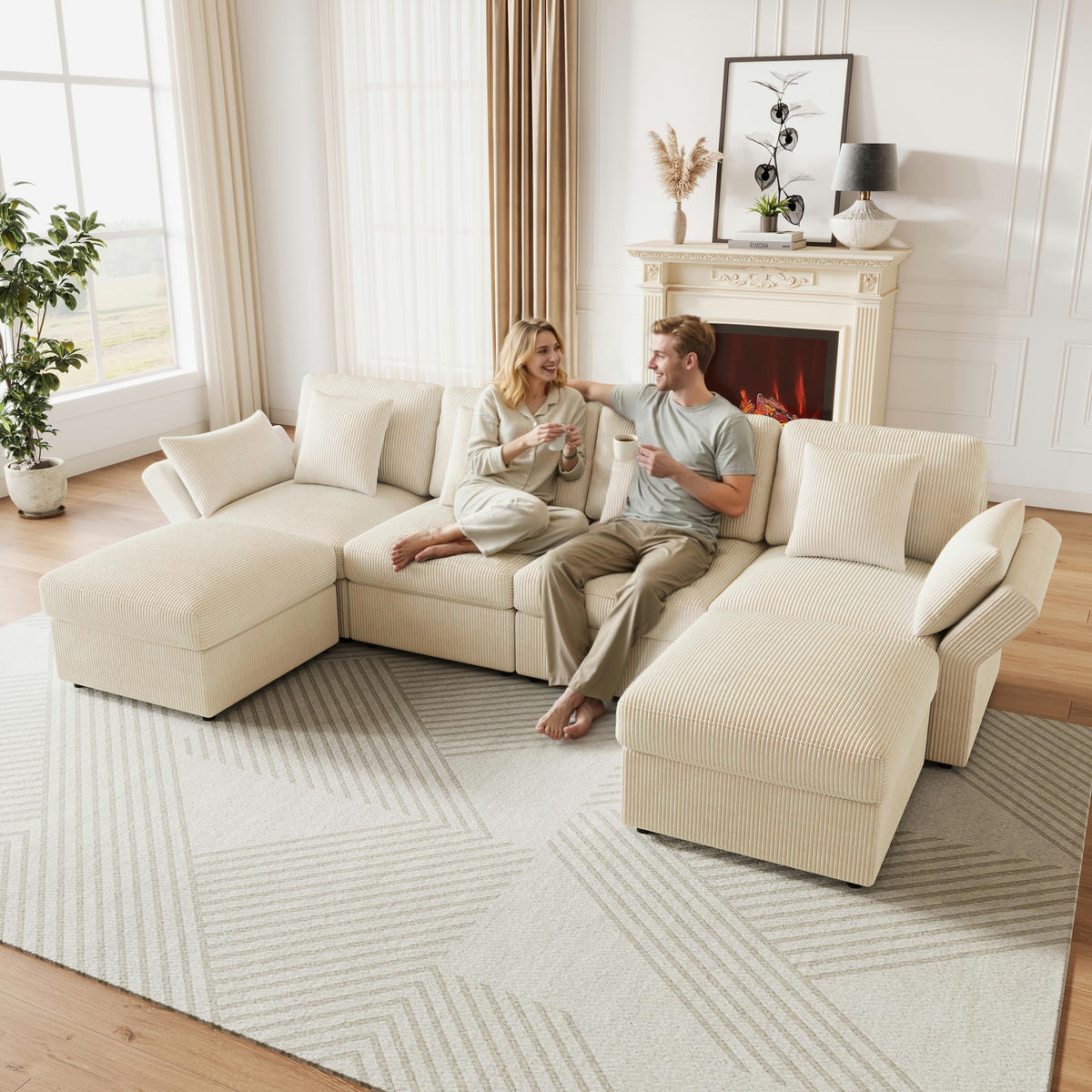 WOHNLANDSCHAFT 5-Sitzer Cord Beige mit verstellbaren Armlehnen und mit Hocker - Beige, Kunststoff/Textil (290/89/159.5cm) - WISHDOR