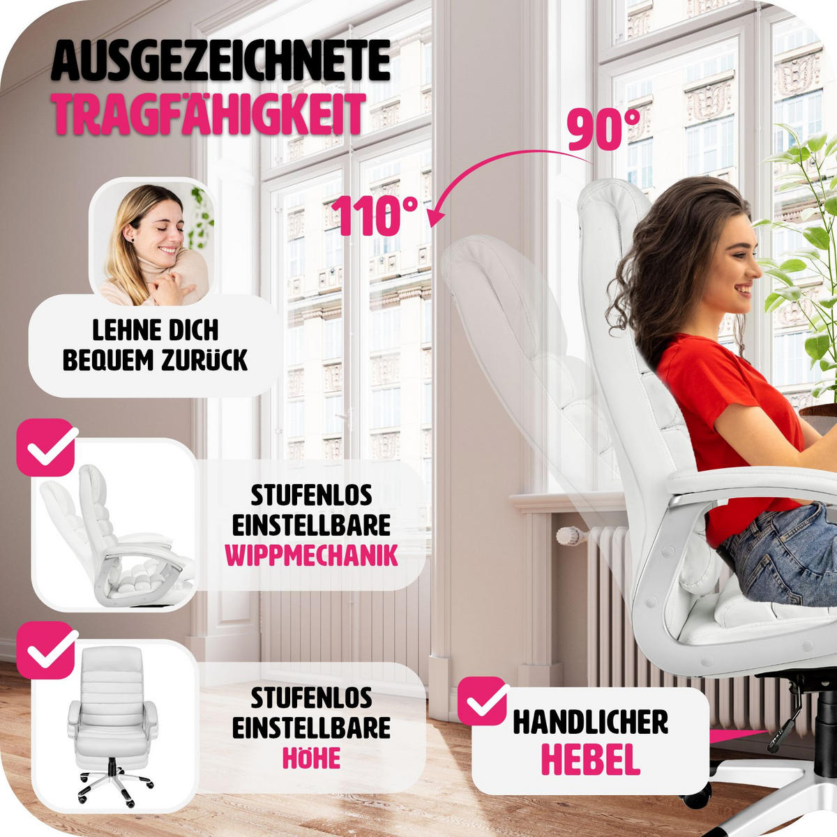 BÜROSTUHL Paul,einstellbare Wippfunktion,weiß - Weiß, Textil (66/124/60cm) - tectake