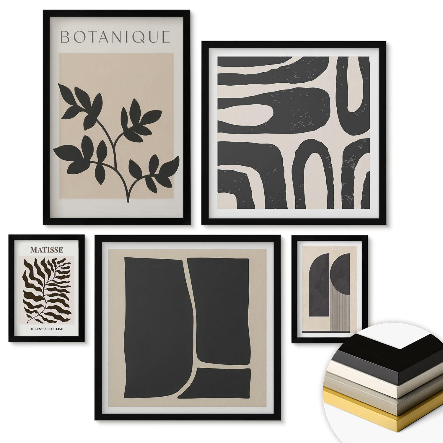 WANDBILDER 5er-Set - 50x50 cm & 20x30 cm & 40x60 cm Schwarzer Rahmen - Minimalistische Pflanzenposter - Schwarz, Kunststoff (40/60cm) - ArtPrintCave