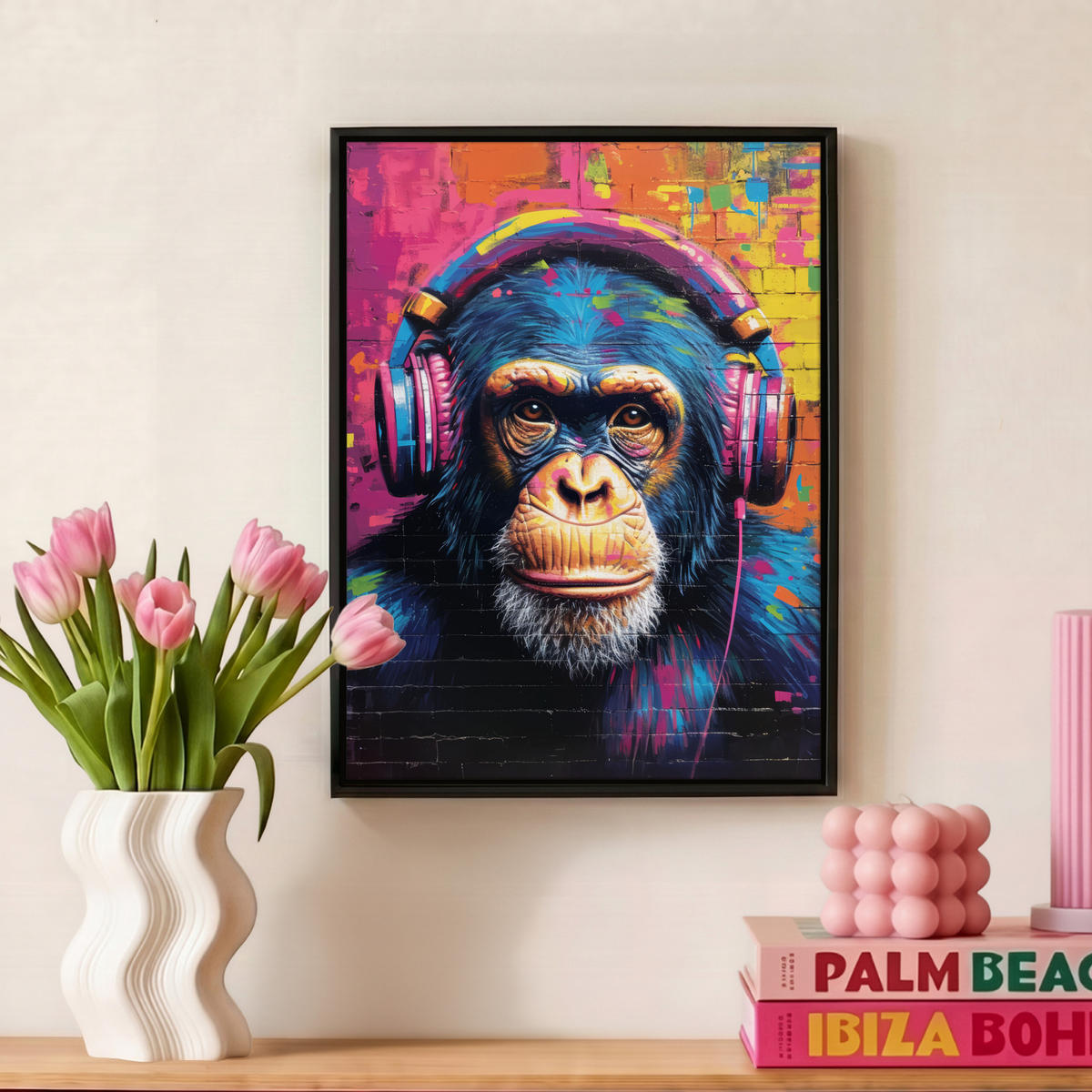 LEINWAND Bilder mit Rahmen - Graffiti - Schimpanse - Straßenkunst - Kopfhörer - Affe - 30x40 - Blau, Textil (30/40cm) - MuchoWow