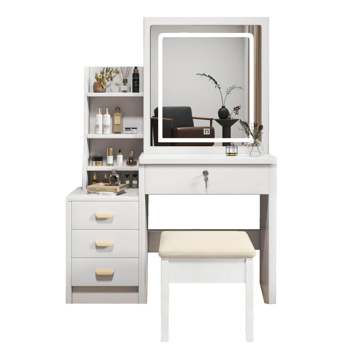 SCHMINKTISCH 85/36/130 cm weiß aus MDF mit LED-Spiegel und Hocker - Weiß, Holzwerkstoff (36/130/85cm) - OKWISH