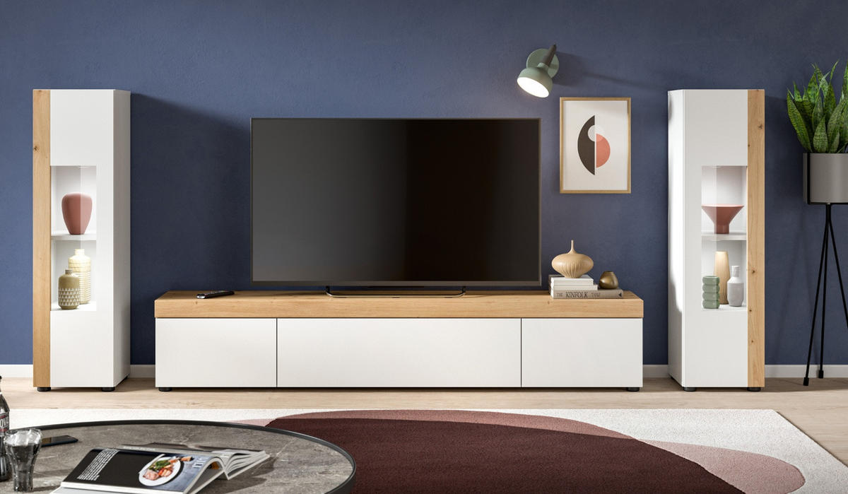 WOHNWAND 3-teilig weiß und Eiche 270 cm, Schrankwand stehend/hängend - Schwarz/Weiß, Glas/Holzwerkstoff (270/181/33cm) - Inn.Furn