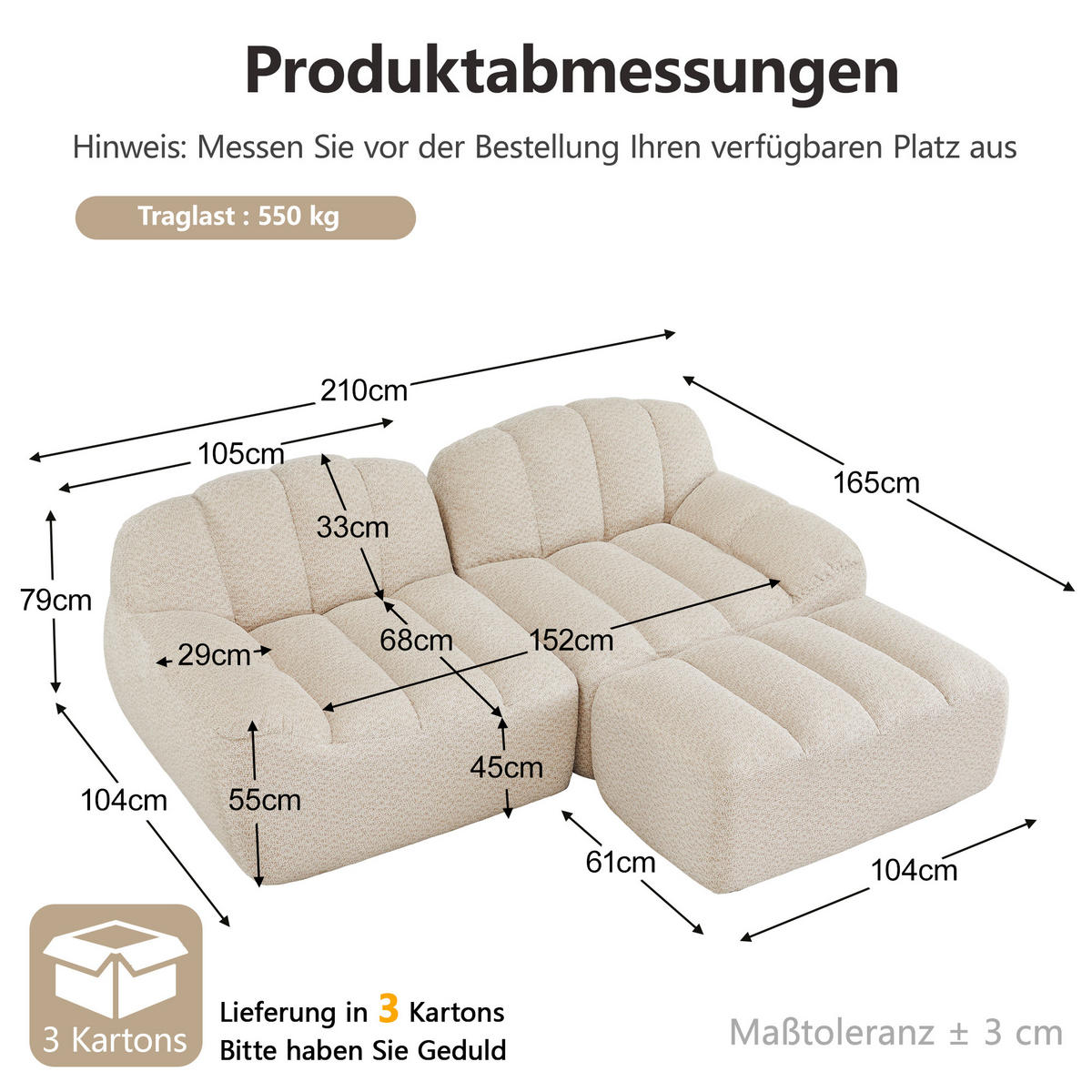 ECKSOFA DE-34312 2-Sitzer mit Ottoman Beige - Beige, Textil (165/210cm) - ComfortXL