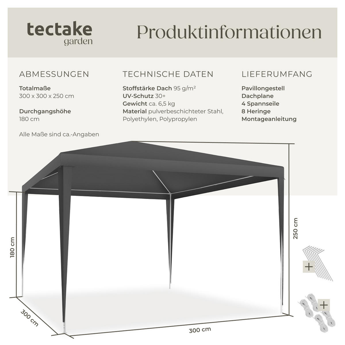 PAVILLON Farah,wasserdicht,grau - Grau, Kunststoff (300/250/300cm) - tectake
