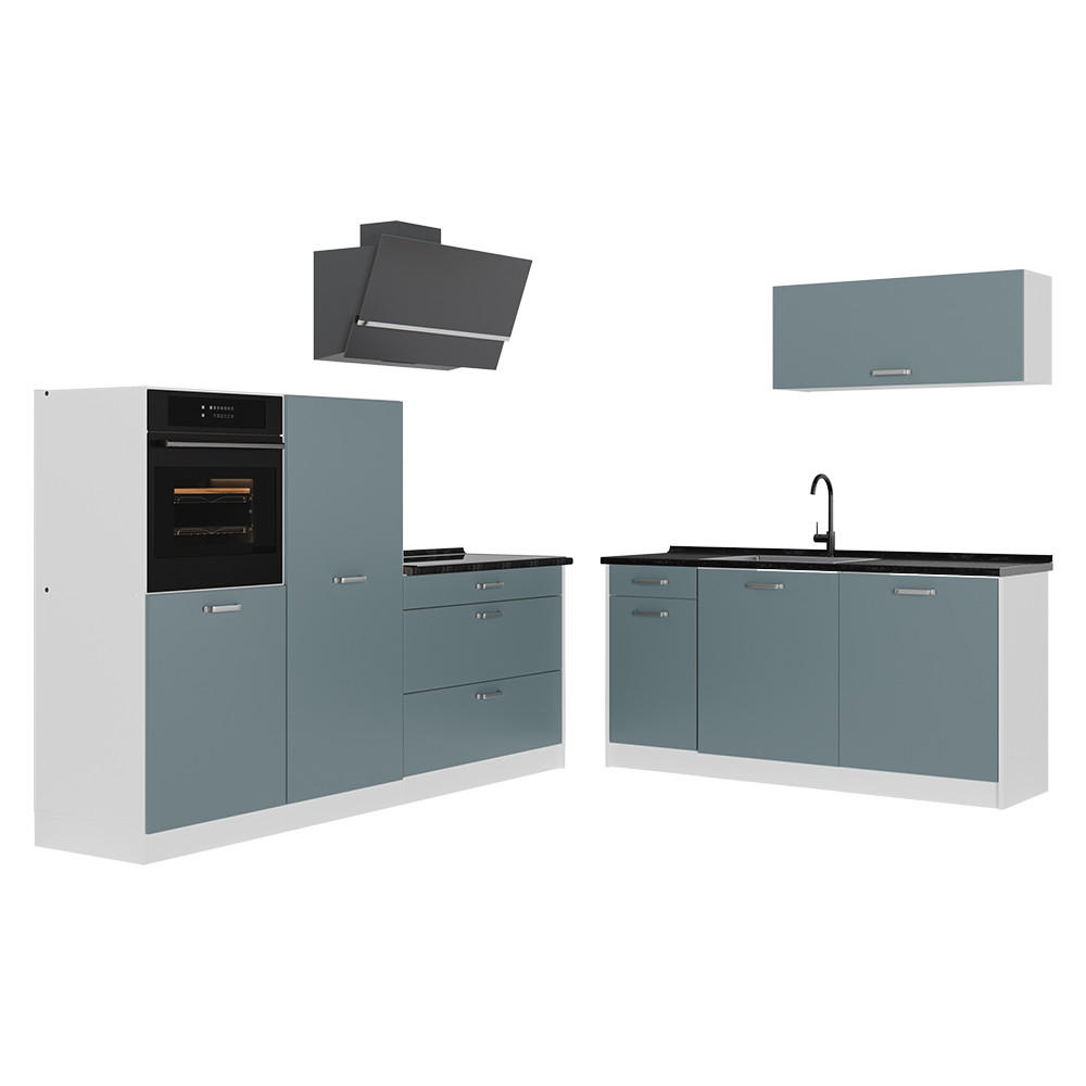 KÜCHENZEILE R-Line, Blau-Grau/Weiß, 220 cm Arbeitsplatte Anthrazit - Blaugrau/Weiß, Holzwerkstoff (220/143/60cm) - Vicco