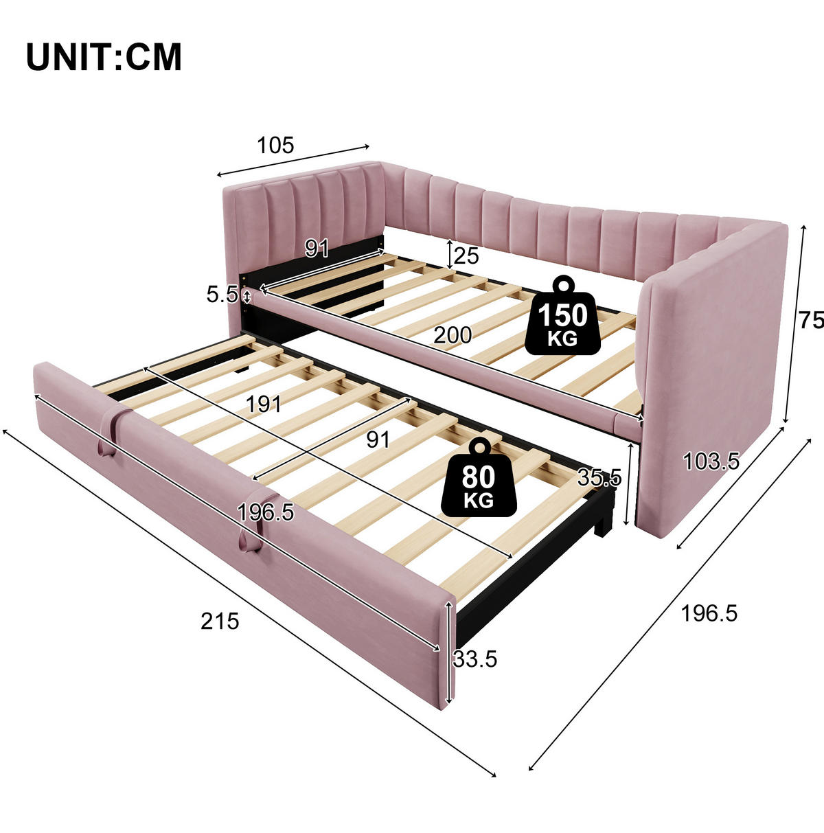 POLSTERBETT 90/200 cm Rosa aus Samt mit Ziehbett - Rosa, Textil (180/200cm) - OKMYHOME