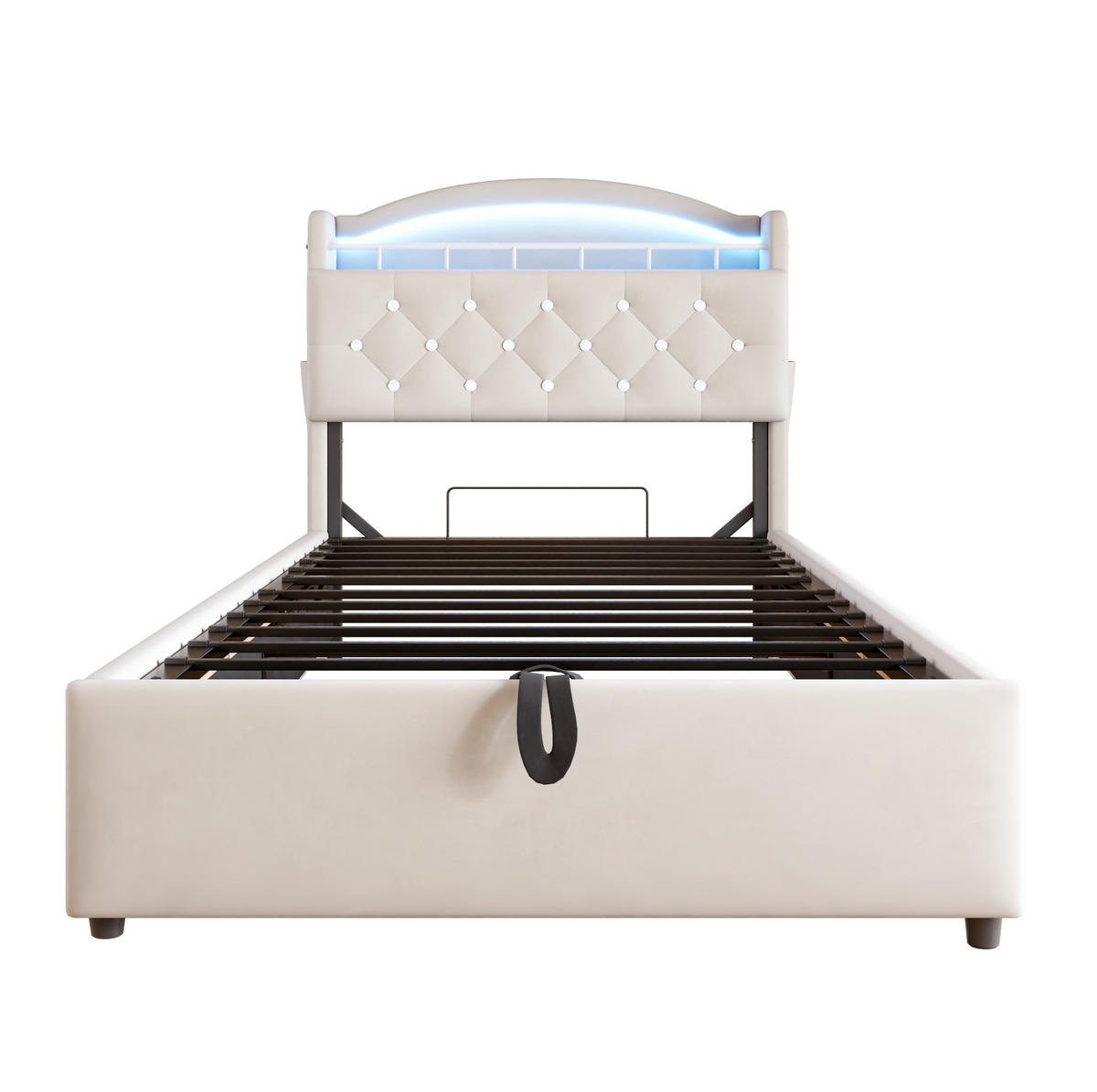 POLSTERBETT Kinder 90/200 cm Beige mit Stauraum, LED und USB-Anschlüssen - Beige, Textil (90/200cm) - OKWISH