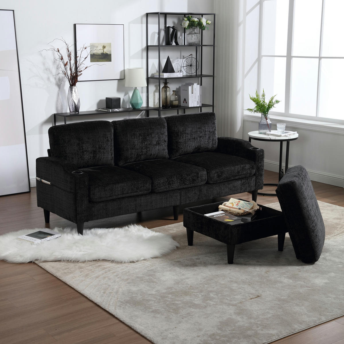 SOFA 4-Sitzer mit Hocker ca. 196,5 x 75 x 77 cm Chenille Black - Schwarz, Kunststoff (196.5/77/75cm) - Meubliv