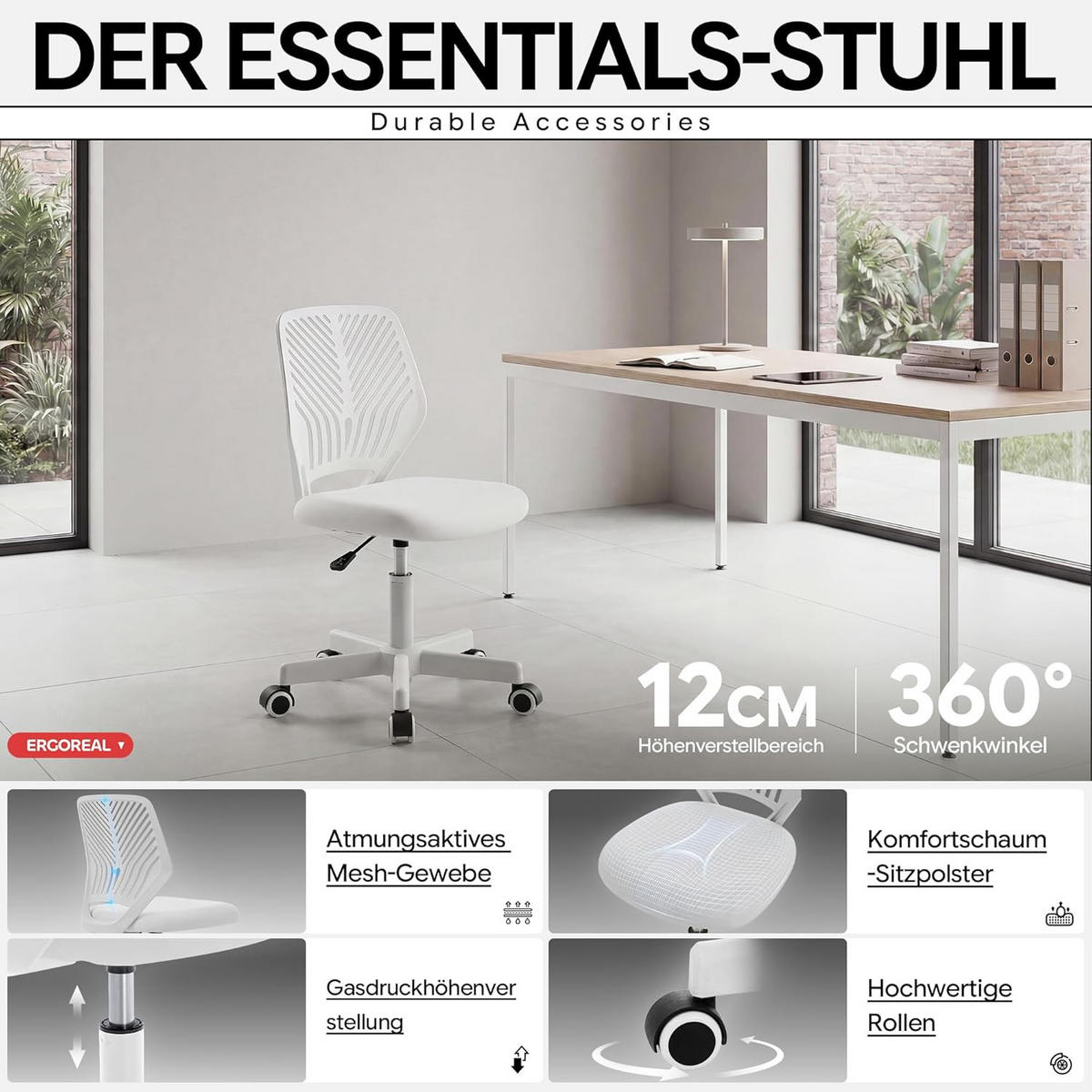 BÜROSTUHL Ergonomischer ohne Armlehne, mit Rollen & Höhenverstellung - Weiß, Metall (55/79/55cm) - Gisaae