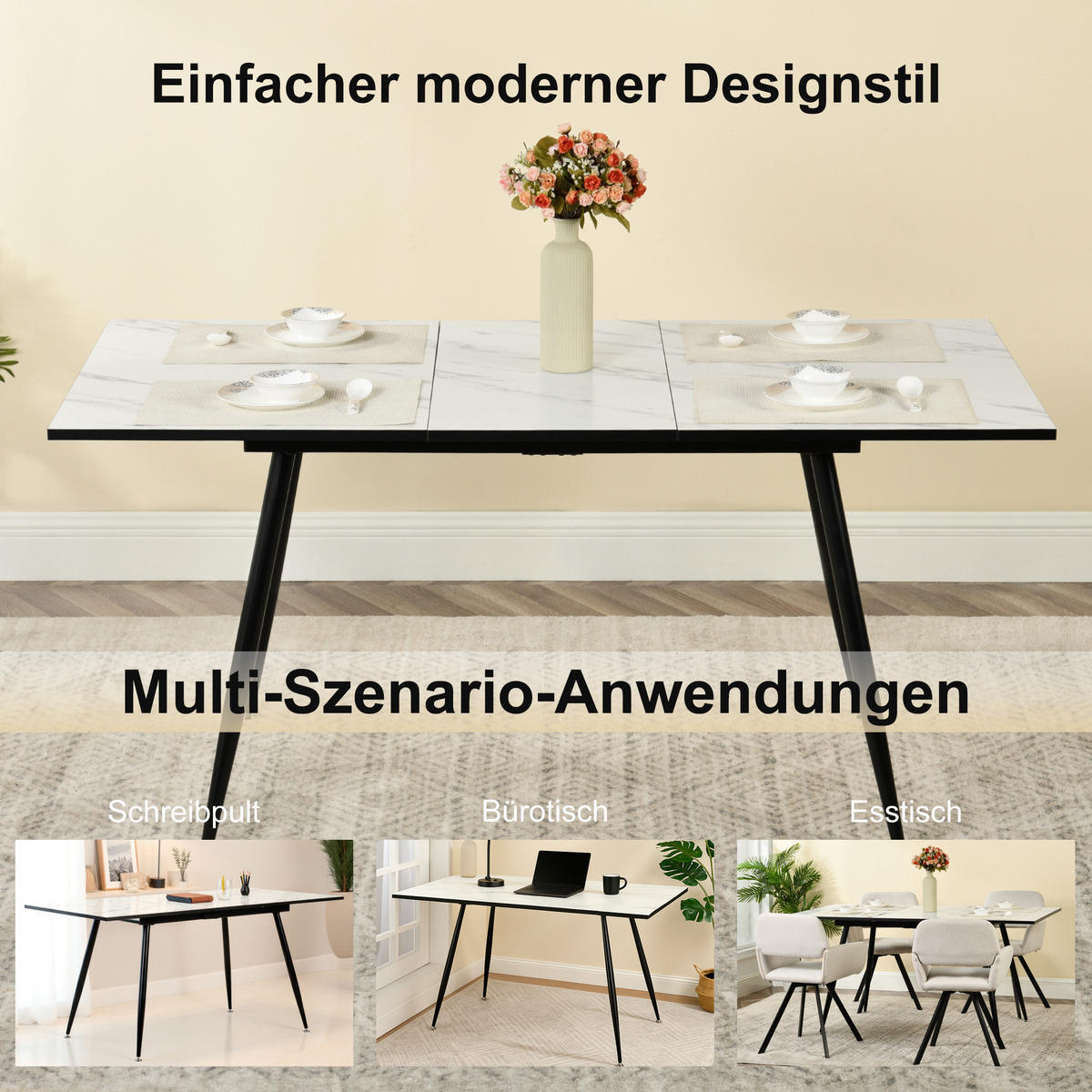 ESSTISCH Weiß Marmormuster rechteckig ausziehbar 120-160/80/75cm - Schwarz/Weiß, Holz/Metall (80/120/75cm) - Urban Meuble