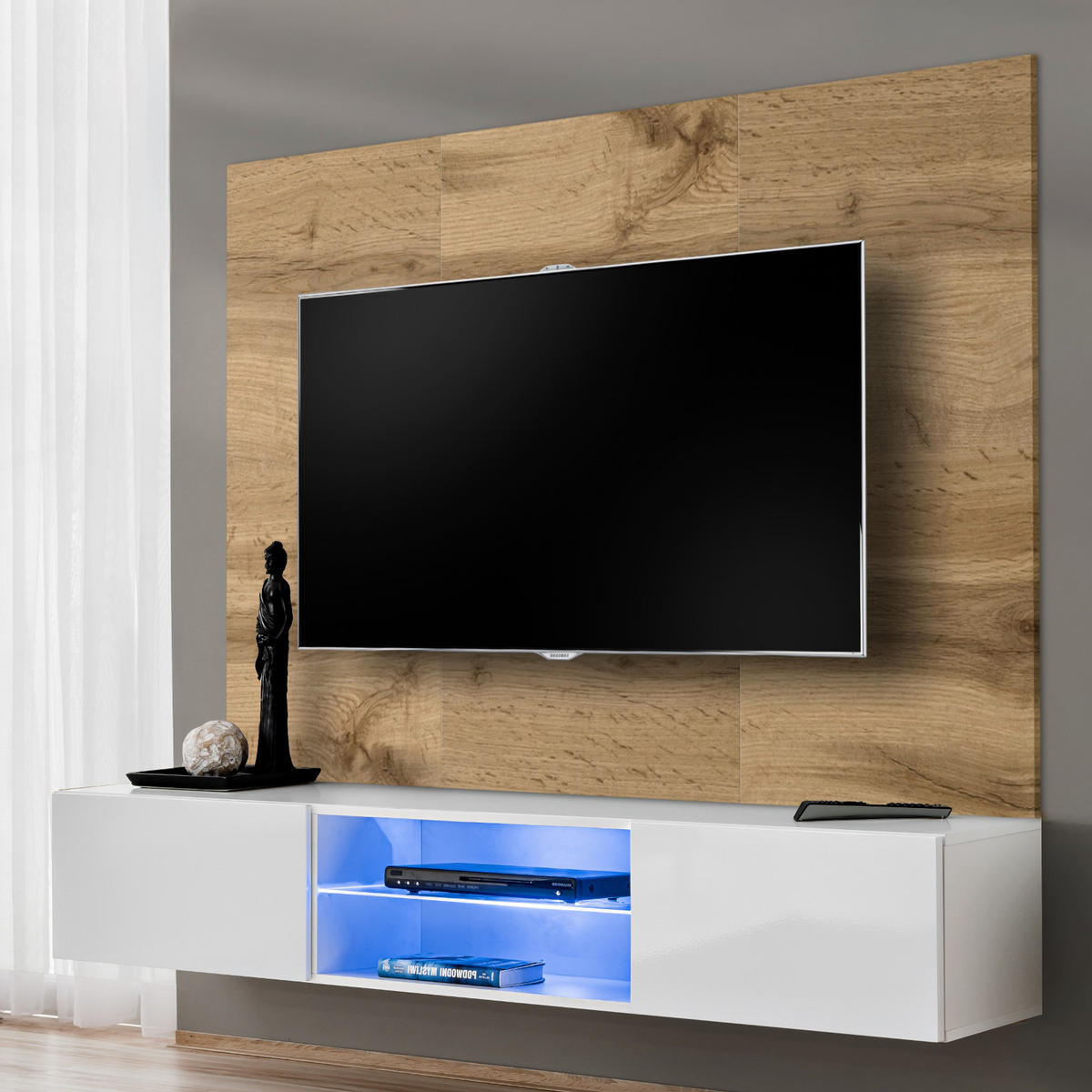 TV-LOWBOARD Eiche Wotan und weiß 180 cm hängend, Set inklusive LED-Beleuchtung - Eiche Wotan/Weiß, Glas/Holzwerkstoff (180/148/40cm) - Inn.Furn
