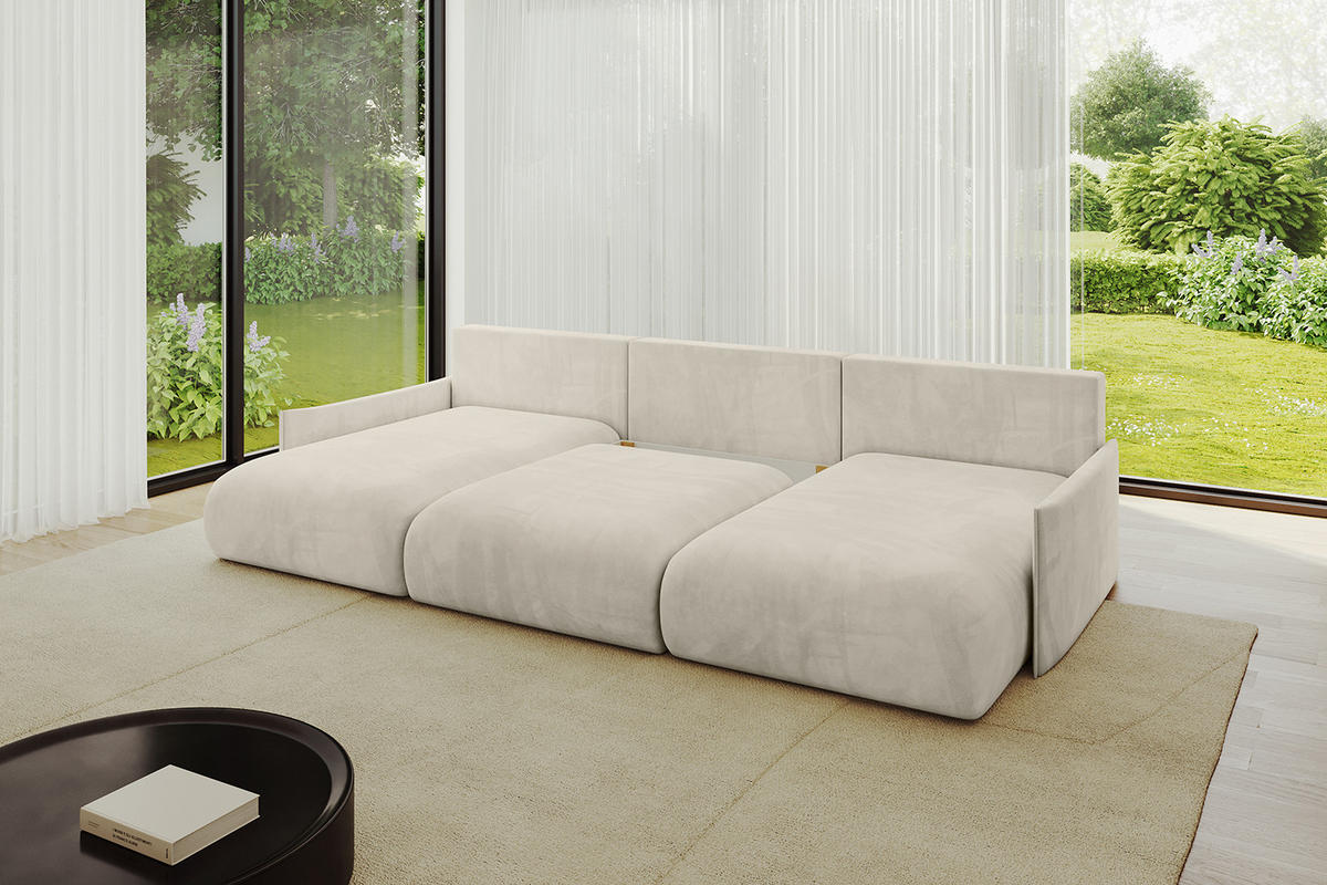 WOHNLANDSCHAFT mit Schlaffunktion und Bettkasten ONESK-U-v1 317x177x72 Ecru Velours - Ecru, Holzwerkstoff/Kunststoff (317/72/177cm) - ALTDECOR