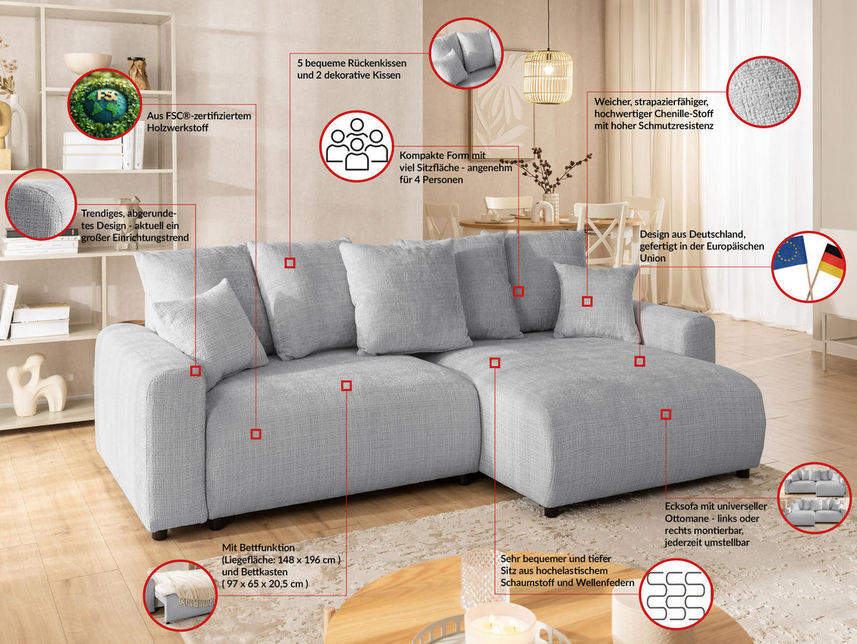 ECKSOFA Calma mit Schlaffunktion und Bettkasten im Bumpy-Design aus weichem Hellgrau Chenille-Stoff - Ottomane rechts - Beige/Hellgrau, Holz/Kunststoff (239/140cm) - S-Style Möbel