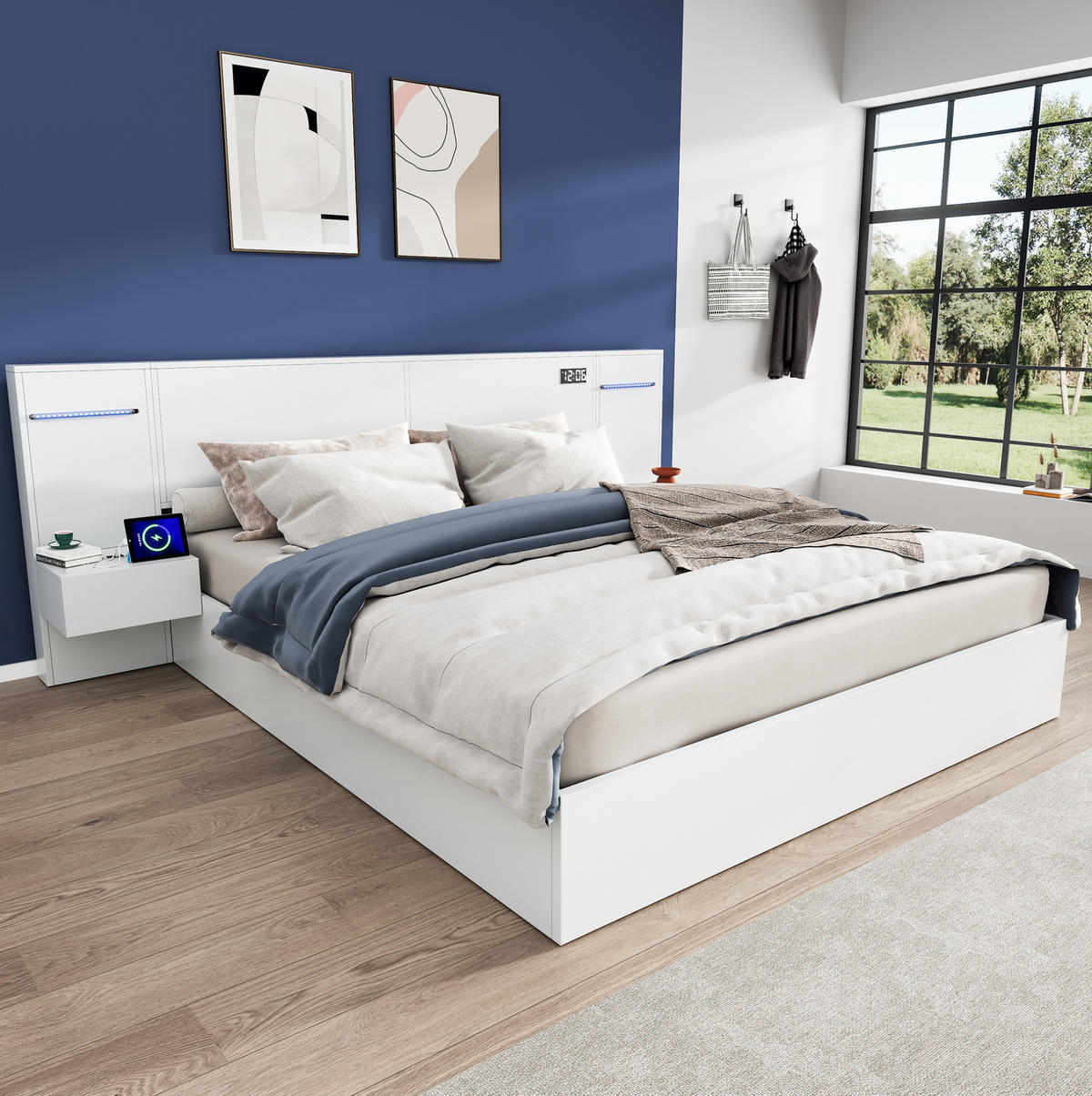 POLSTERBETT aus MDF 180x200 cm Weiß mit Bluetooth-Lautsprechern, USB-A/USB-C, LED-Farblichtleiste und 2 Nachttischen - Weiß, Holzwerkstoff (180/200cm) - Modfu