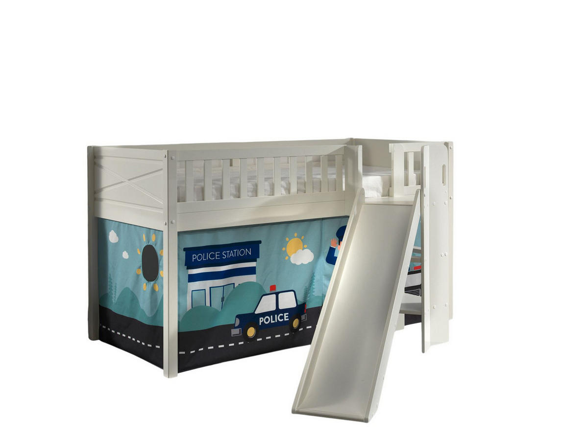 HOCHBETT mit Rutsche Karyl Massivholz Weiß Textilset Polizei - Weiß/Hellblau, Holz (90/200cm) - 58aufmkessel