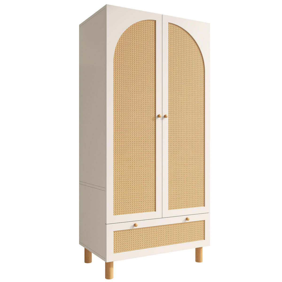 KLEIDERSCHRANK Weiß mit Rattan & Schublade Landhausstil 180×85×52 cm - Weiß, Holzwerkstoff (85/181/52cm) - Urban Meuble