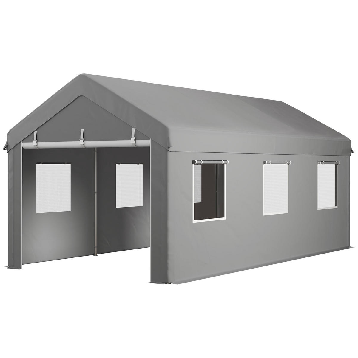 CARPORT DE-12609 600/295/278 cm 160 g/m² mit 2 Rolltüren und 6 Fenstern Grau - Hellgrau, Kunststoff (295/278/600cm) - ComfortXL