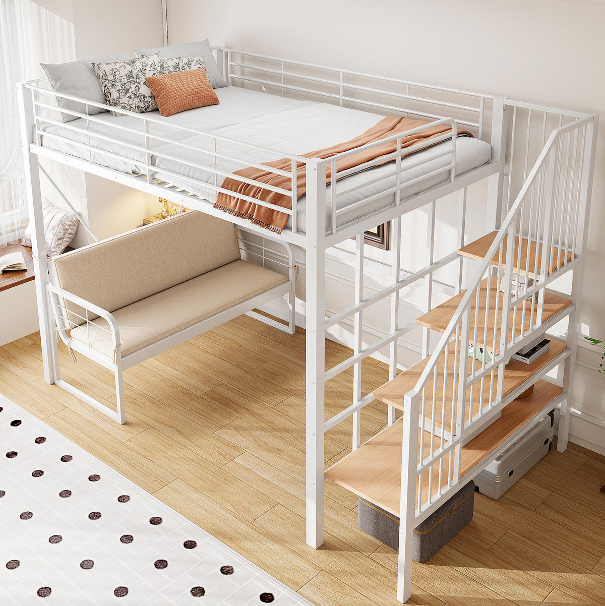HOCHBETT 140/200 cm aus Metall mit Stauraumleiter, Weiß - Weiß, Metall (140/200cm) - OKMYHOME