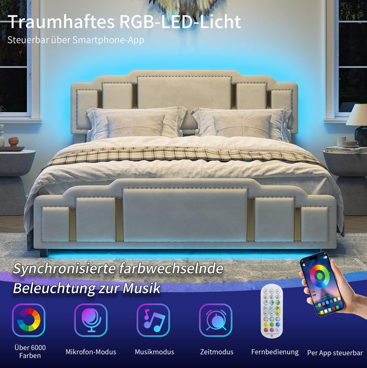 POLSTERBETT 160/200 cm mit 4 Schubladen, LED-Beleuchtung und Edelstahl-Zierleisten, Beige - Beige, Textil (160/200cm) - Redom