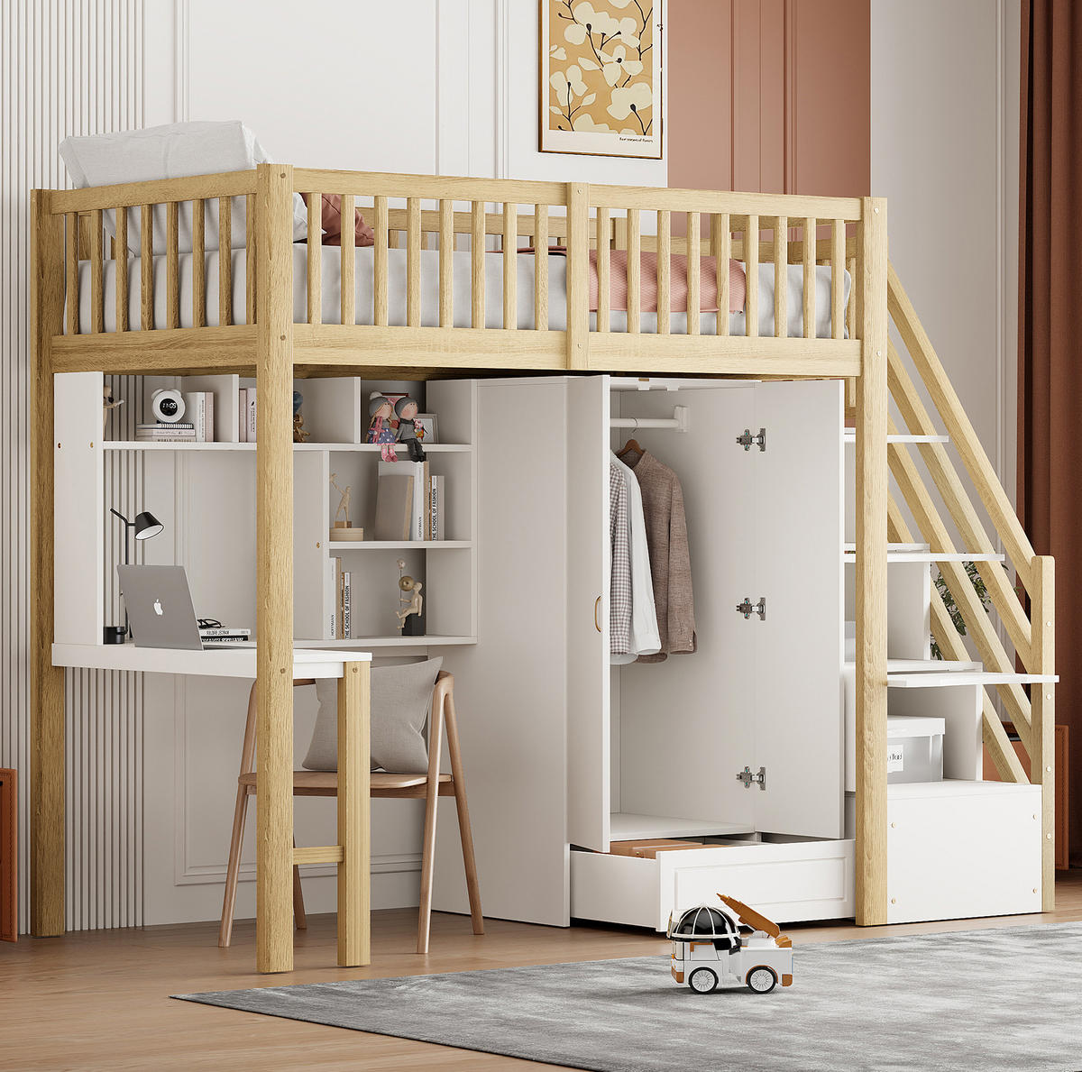 HOCHBETT 90/200 cm Naturholz mit Kleiderschrank und Tisch - Naturfarben, Holz (90/200cm) - OKWISH