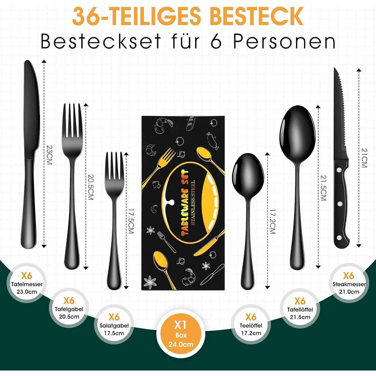 BESTECKSET 36-teilig Schwarz Edelstahl 6 Personen - Schwarz, Metall