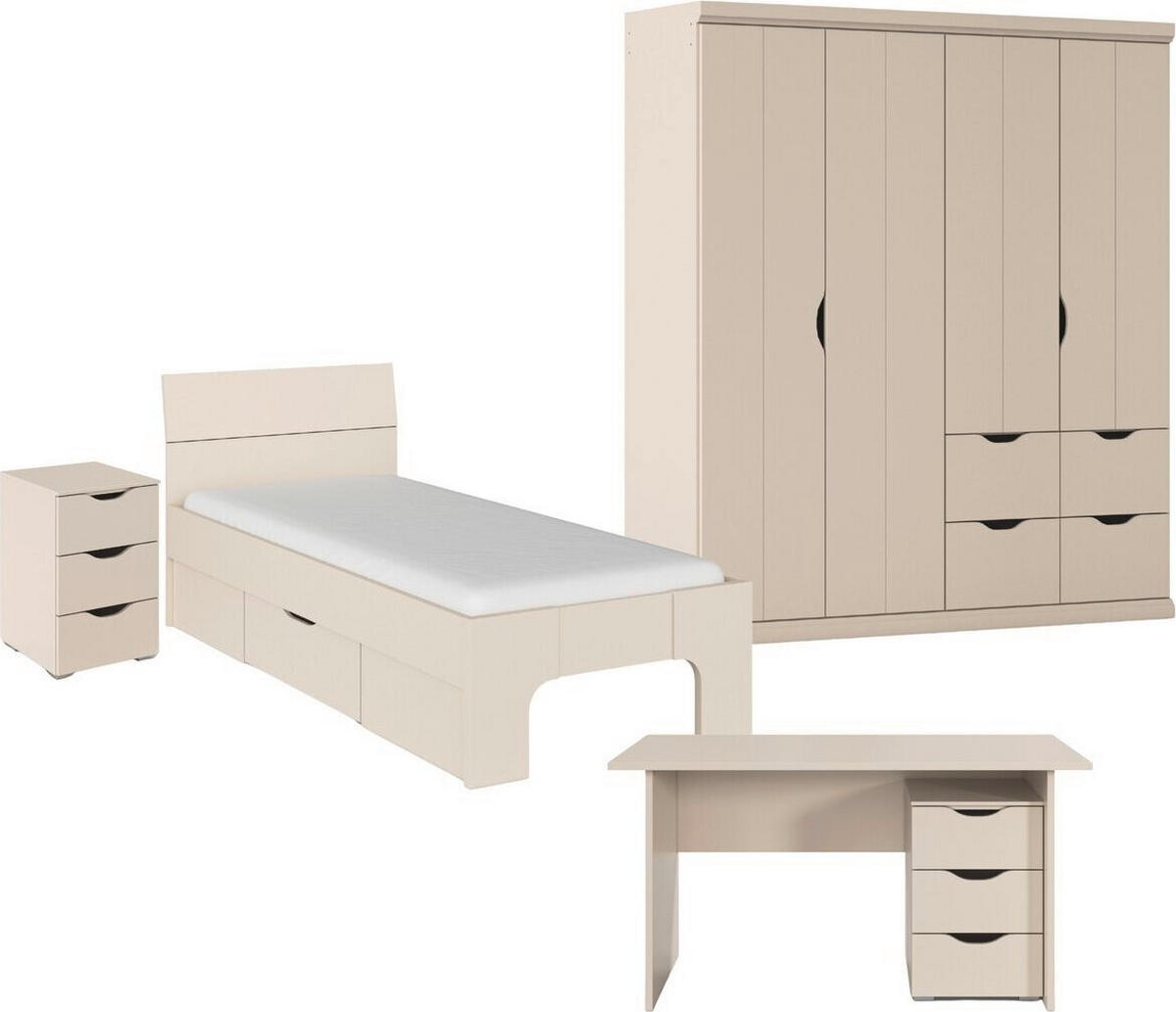JUGENDZIMMER Frieda in Beige 5-teilig mit 4 türigem Kleiderschrank mit Schubkästen, 90er Jugendbett, Nachttisch, Schreibtisch mit Container - Beige, Holzwerkstoff (80/200/120cm)