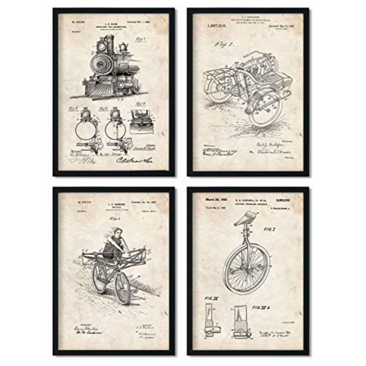 POSTER Set mit 4 Jahrgang Fahrzeug PATENT A4 Schwarzer Rahmen - Schwarz, Papier (29.7/3cm) - Nacnic