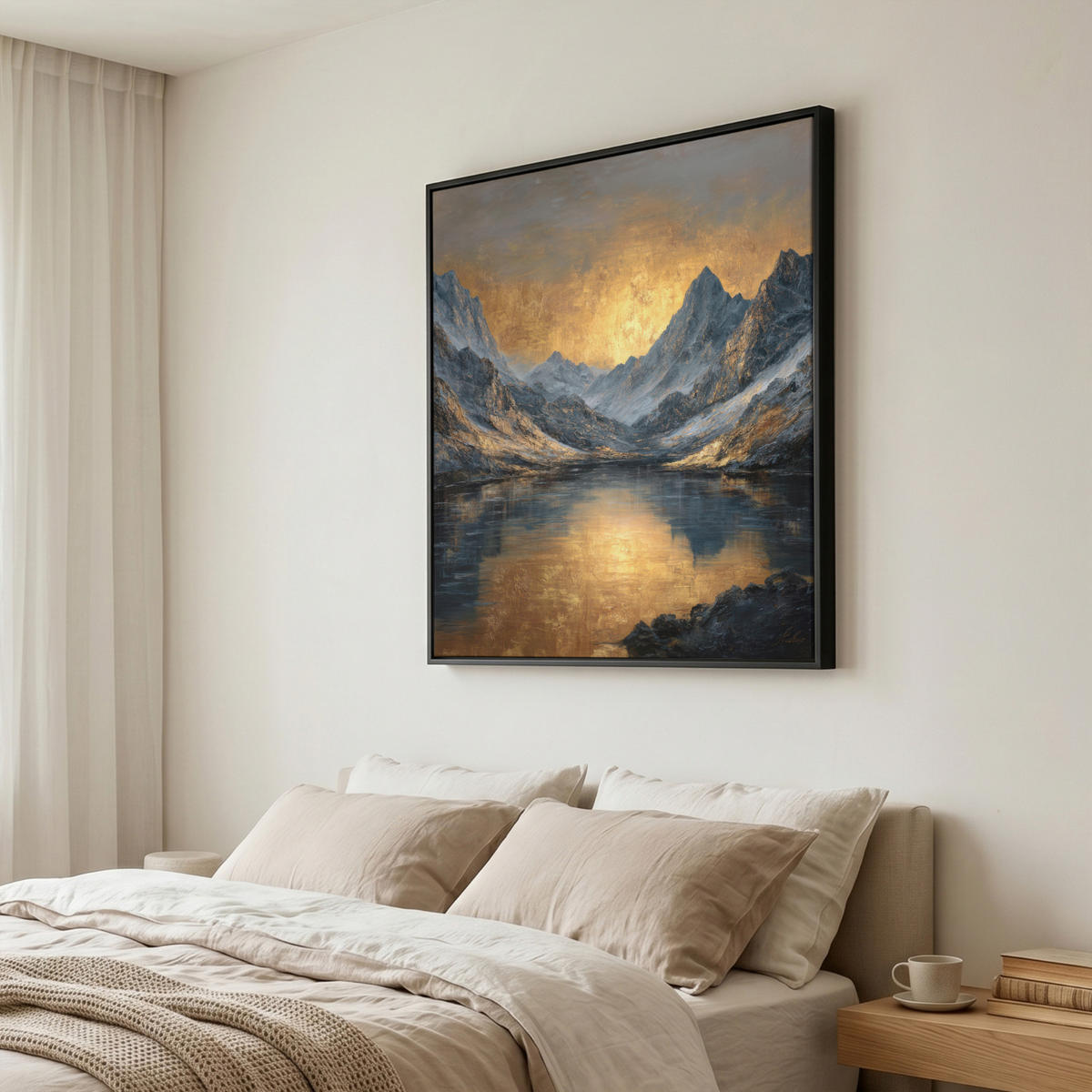 LEINWAND Bilder mit Rahmen - Bergkulisse mit goldenem Sonnenuntergang - 90x90 - Goldfarben, Textil (90/90cm) - MuchoWow